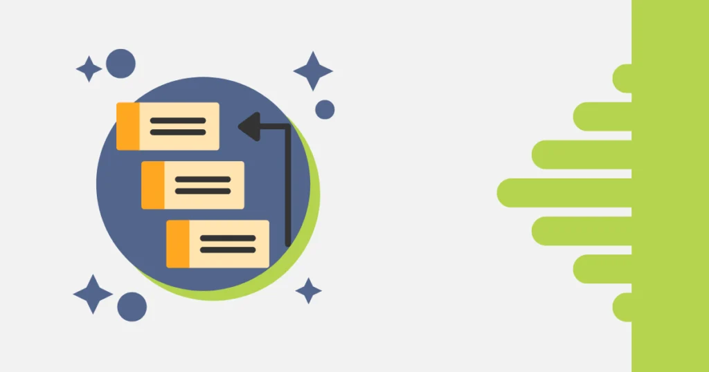 Ilustração conceitual de backlog e planejamento de tarefas, com três cartões organizados em lista e conectados por setas, representando etapas ou prioridades, sobre fundo circular azul com detalhes verdes e elementos gráficos decorativos.
