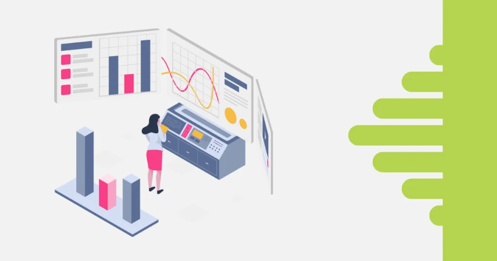 Ilustração em estilo flat de uma mulher analisando gráficos e painéis de controle digitais, representando a gestão e acompanhamento de projetos no TaskRush.
