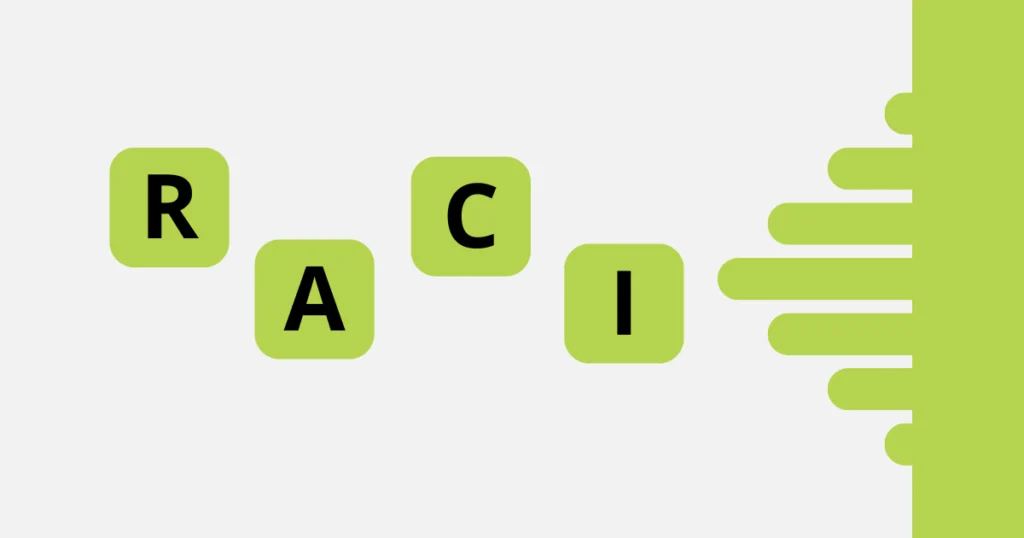 Imagem representando a matriz RACI. Quatro blocos verdes mostram as letras R, A, C e I, que significam Responsável, Aprovador, Consultado e Informado, papéis usados na gestão de tarefas e projetos.