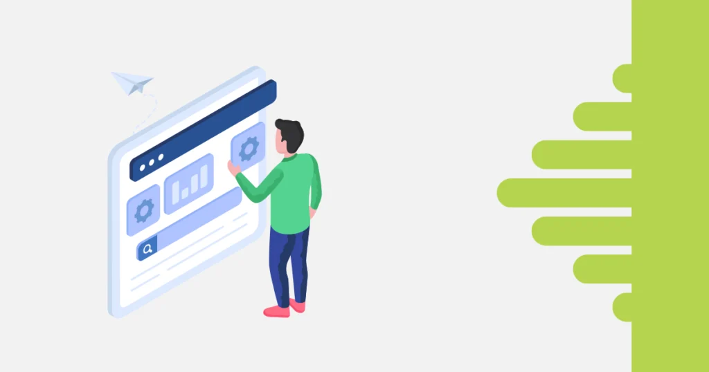 Ilustração de um homem interagindo com uma interface digital de gestão de projetos, representando automação e organização em softwares modernos