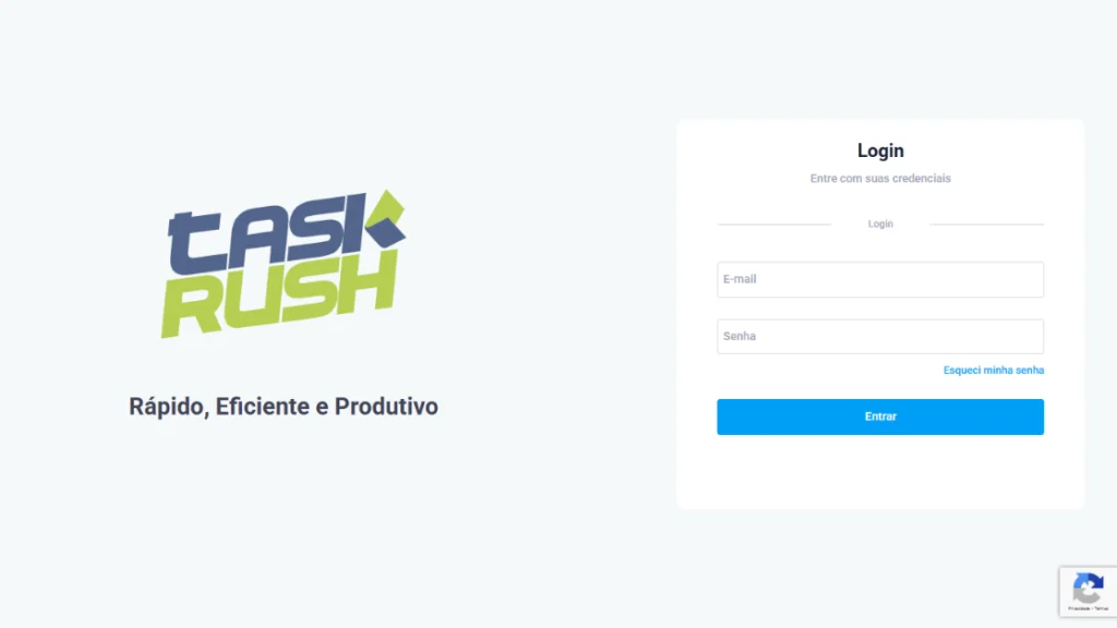 Tela de login do TaskRush com logo à esquerda e formulário de acesso à direita, contendo campos de e-mail, senha, opção 'Esqueci minha senha' e botão azul 'Entrar'