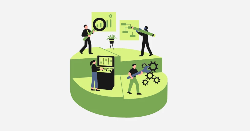 Profissionais utilizando gráficos, fluxogramas e engrenagens para simbolizar como a tecnologia facilita a gestão de equipe em eventos