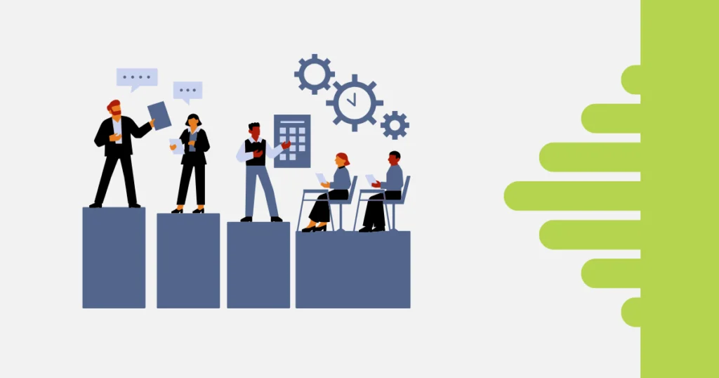 Ilustração de profissionais em diferentes níveis de blocos, interagindo com gráficos, engrenagens e relógio, simbolizando gestão de projetos, produtividade e colaboração em equipe.