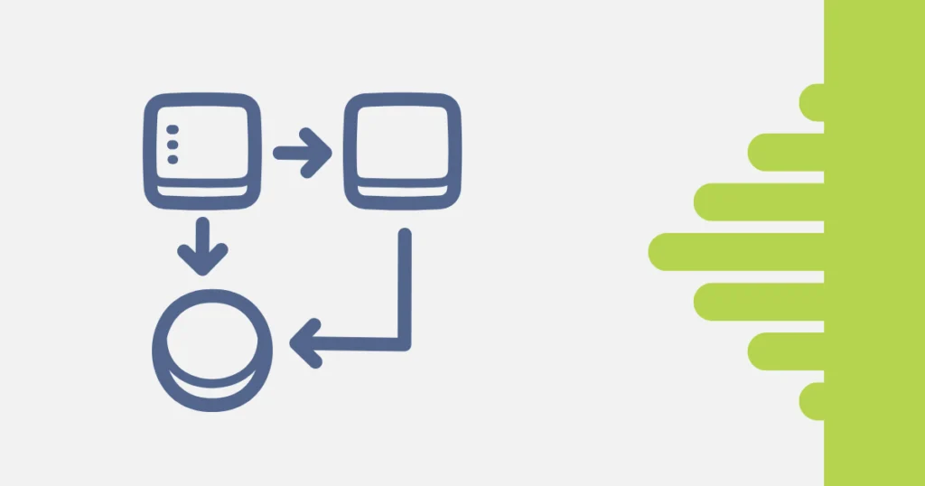 Ilustração de fluxo de projeto com dois quadrados conectados por setas a um círculo, representando etapas interligadas em um modelo de projeto