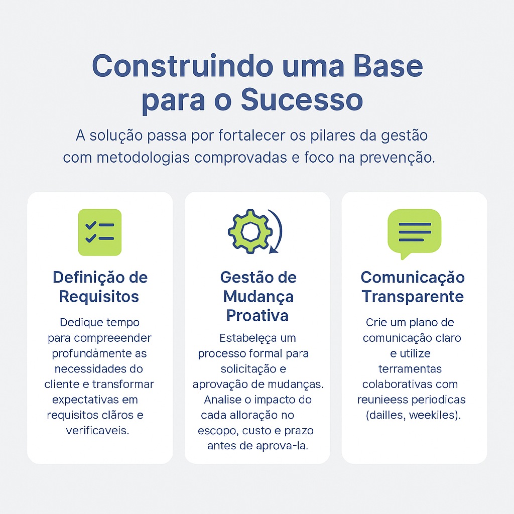 Infográfico criado por inteligência artificial com fundo cinza claro e três blocos verticais representando pilares da gestão: Definição de Requisitos, Gestão de Mudança Proativa e Comunicação Transparente. Cada bloco contém ícones em verde e azul e descrições curtas sobre boas práticas de gestão.