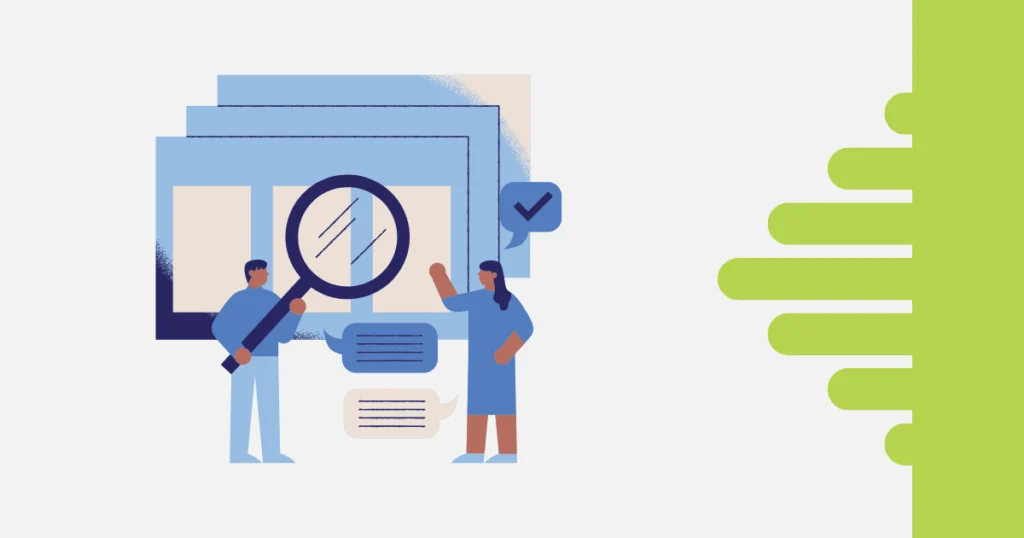 Ilustração mostrando dois profissionais analisando informações em uma tela. Um deles segura uma lupa e o outro aponta para a tela, com ícones de mensagens e um símbolo de verificação ao redor. A imagem tem tons de azul e verde-limão, representando o conceito de análise e comunicação eficaz em gestão de projetos.