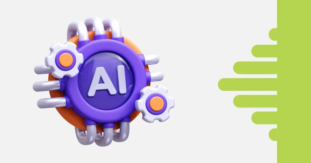 Ilustração 3D de um núcleo de Inteligência Artificial em roxo e laranja com engrenagens laterais, representando automação e processos inteligentes.