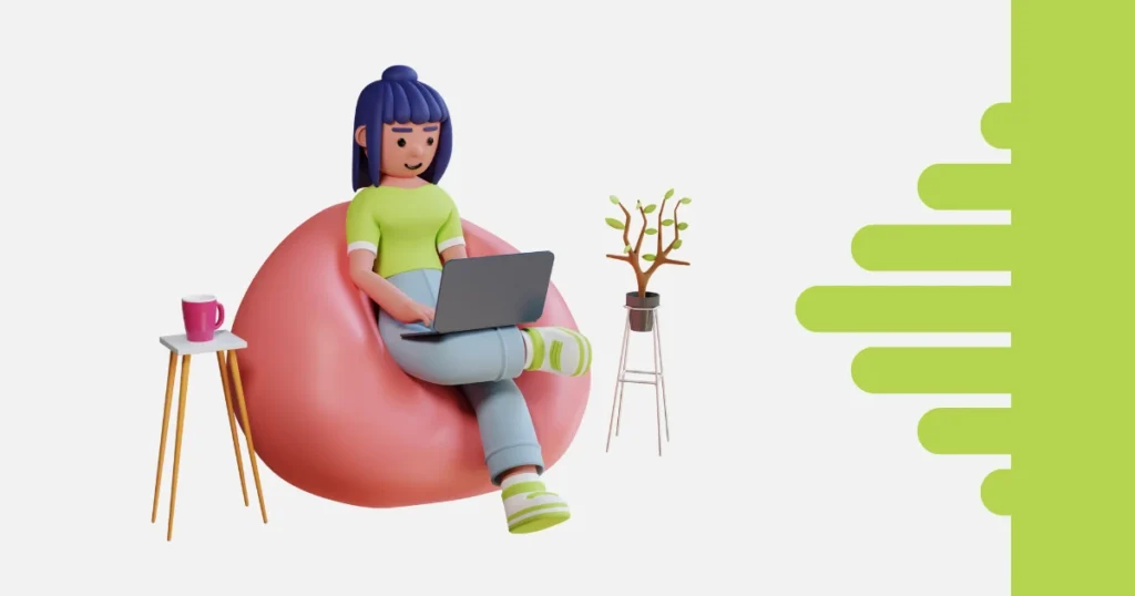 Ilustração 3D representando uma ferramenta para freelancer: profissional sentada em um puff rosa usando notebook, ao lado de mesa com xícara de café e planta, simbolizando rotina organizada e produtiva no trabalho remoto.