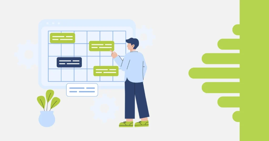 Ilustração de um profissional organizando tarefas em um painel digital com blocos coloridos em azul e verde, representando o uso de Inteligência Artificial na gestão de tempo e produtividade. À direita, há um fundo decorativo em verde-limão e, à esquerda, um vaso com planta.