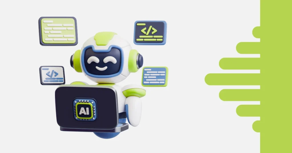 Ilustração 3D de um robô simpático operando um laptop com o ícone “AI”, cercado por janelas de código. As cores predominantes são azul, verde-limão e branco, representando o conceito de agentes de IA na gestão inteligente de projetos
