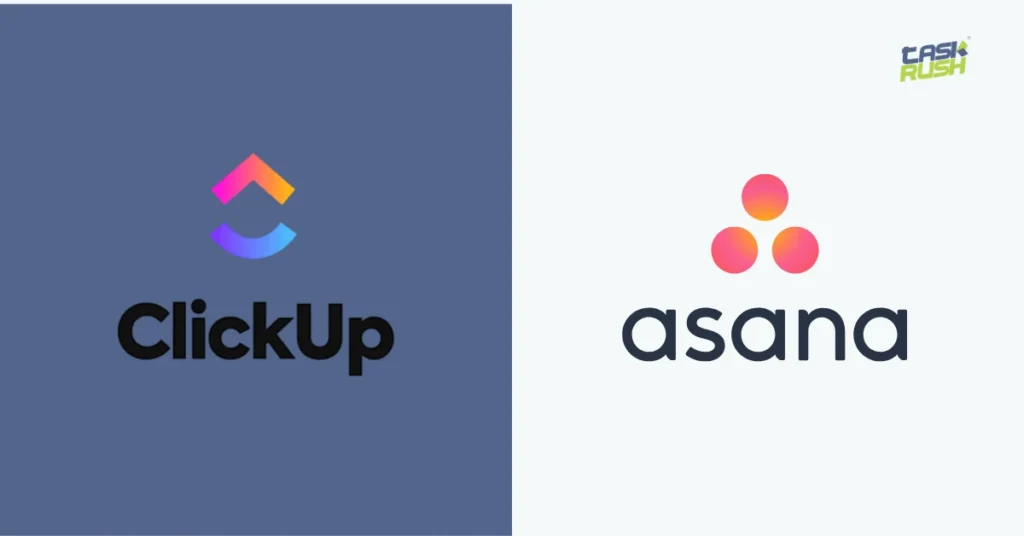 Imagem comparando ferramentas de gestão para freelancers, com o logo colorido do ClickUp em fundo azul à esquerda, o logo do Asana em fundo claro à direita e a marca TaskRush no canto superior direito.