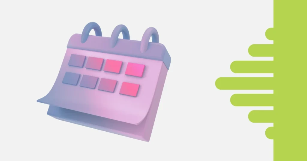 Ilustração 3D de um calendário representando cronograma semanal do TaskRush, com elemento gráfico verde na lateral.