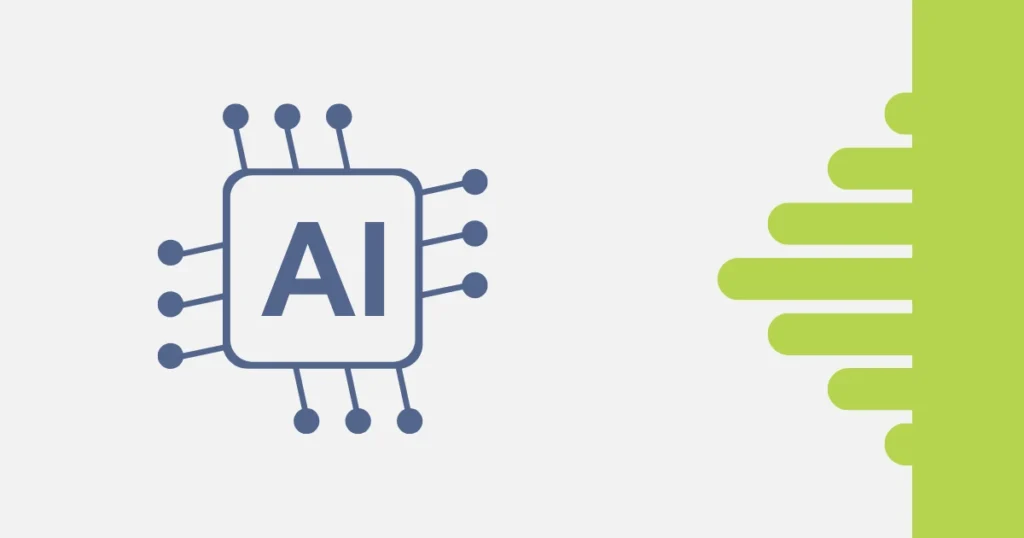 Ícone de chip eletrônico com as letras "AI" no centro, representando inteligência artificial, acompanhado por formas geométricas verticais em verde-limão à direita.