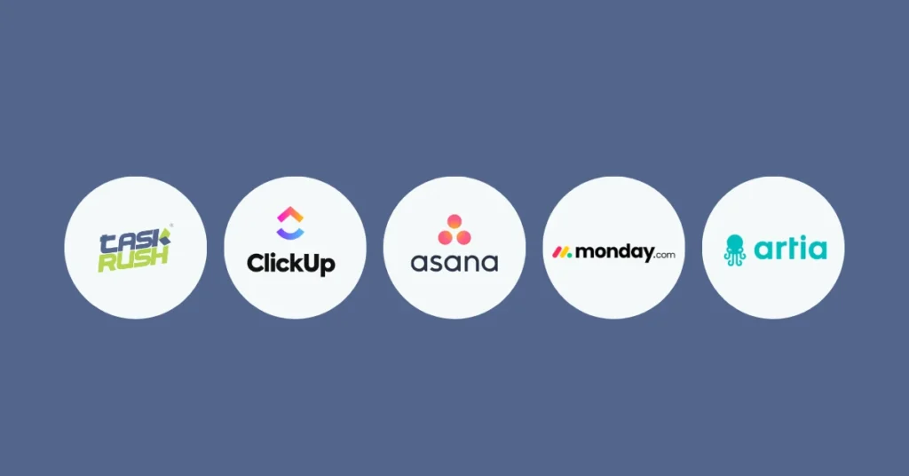 Logos do TaskRush, ClickUp, Asana, Monday.com e Artia posicionados lado a lado em círculos brancos sobre fundo azul, representando as principais ferramentas de gestão de projetos com IA.