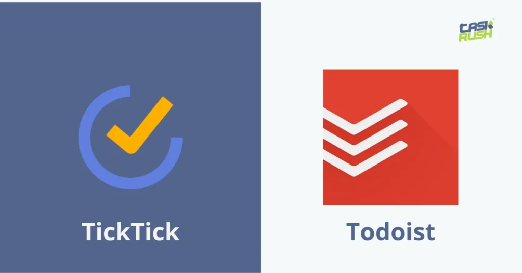 Comparação visual entre os aplicativos de produtividade TickTick e Todoist com seus respectivos logotipos lado a lado.