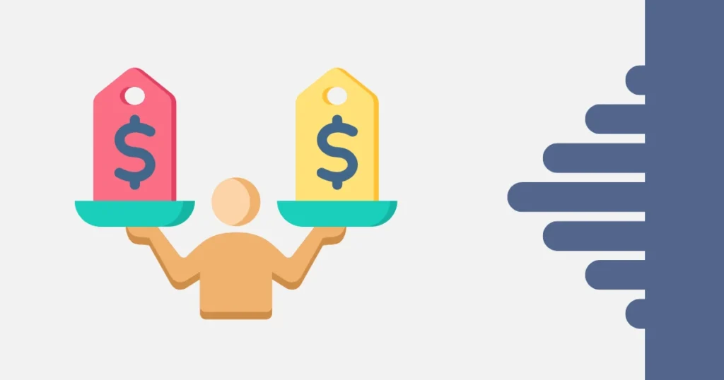Precificação de projetos 2.0: ilustração de uma pessoa comparando duas etiquetas de preço para representar a definição do valor da hora técnica.