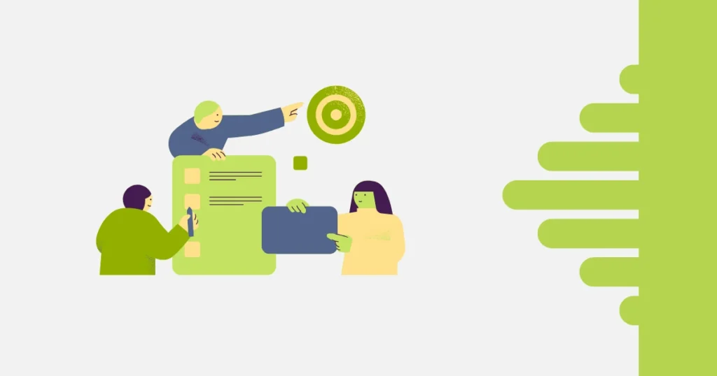 Ilustração com equipe organizando um processo de trabalho, com checklist, tablet e alvo visual, usada para representar gestão de processos e criação de rotinas escaláveis.