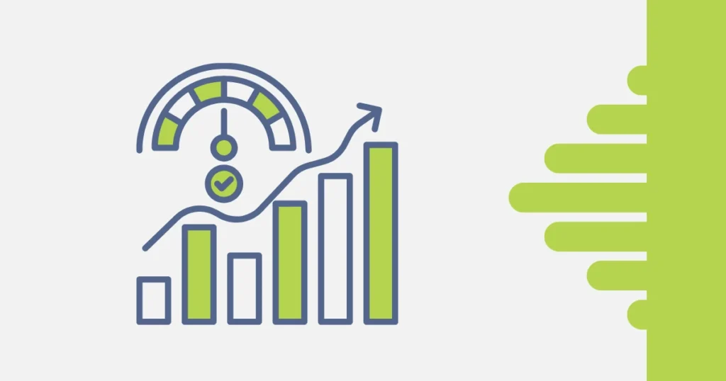 Indicadores de produtividade com gráfico de crescimento, medidor de desempenho e elementos visuais sobre autonomia, eficiência e gestão de resultados.