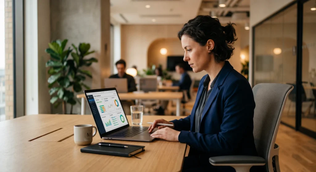 Mulher analisando painel de indicadores no notebook em escritório moderno, representando agentes de IA do TaskRush para gestão de projetos, produtividade e análise de dados.