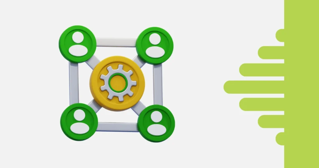 Ilustração 3D de quatro pessoas conectadas por uma estrutura com engrenagem central, representando a organização de equipes criativas e processos colaborativos.