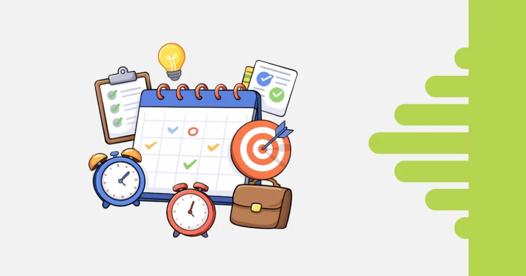 Ilustração de técnicas de gestão do tempo para equipes produtivas, com calendário, checklists, relógios, metas e planejamento de tarefas. A imagem representa organização do trabalho, priorização de atividades, produtividade e gerenciamento eficiente do tempo em projetos e equipes.