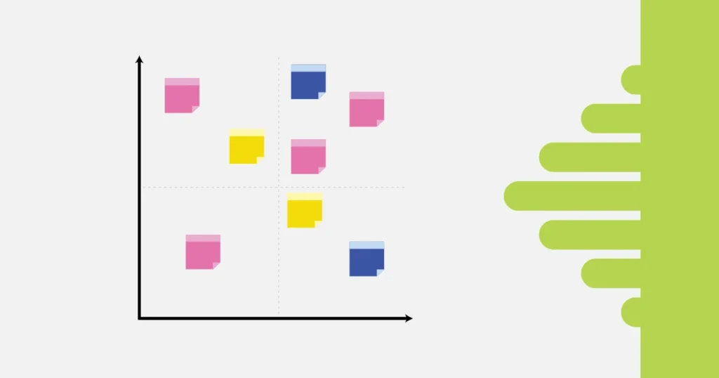 Ilustração de uma matriz de priorização com eixo de esforço e impacto, notas coloridas e elementos visuais representando organização de tarefas.