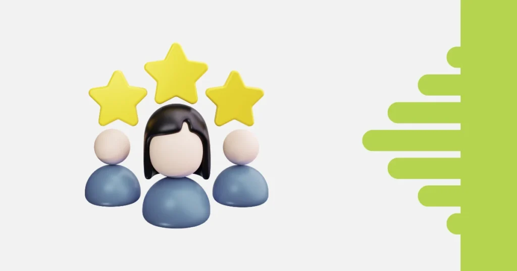 Ilustração 3D de clientes com estrelas de avaliação, representando a gestão e a segmentação de uma carteira de clientes.